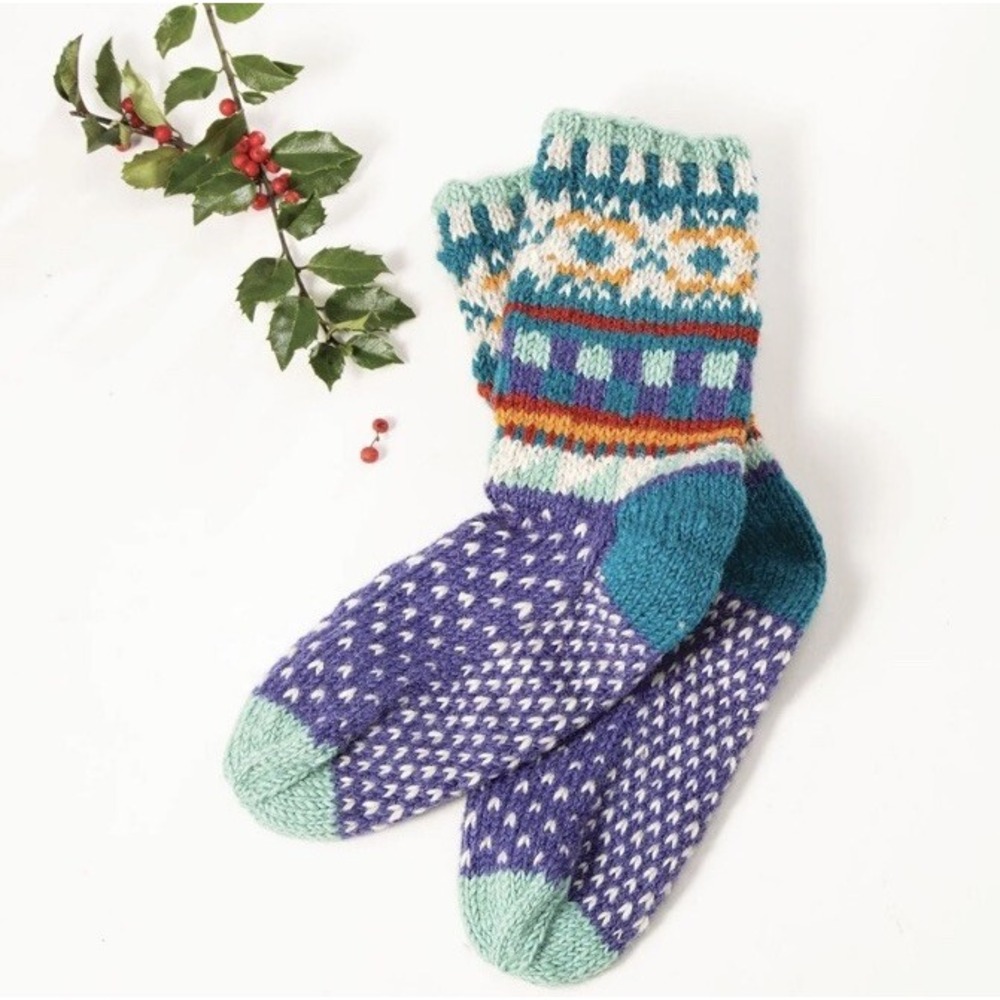 laundromat Hand-Knit Periwinkle Wool Women's Socks fair trade handmade 100% Wool